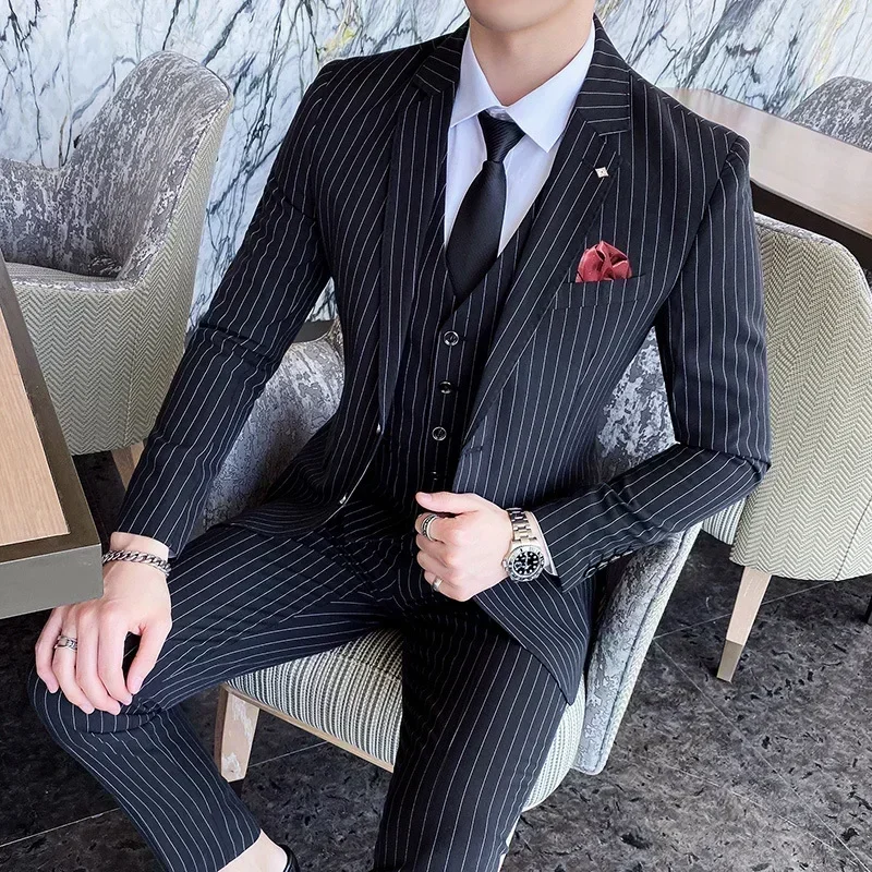 

(Jackets+Vest+Pants) Men's Three-piece Suit/Male Slim Fit Cotton High Quality Business Blazers/Man Stripe Groom Dress S-5XL