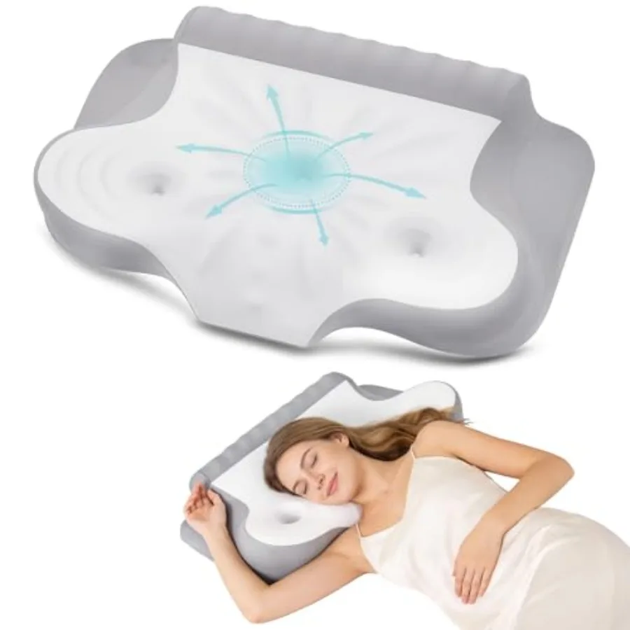 

Cervical Pillow for Neck Pain Relief, Ergonomic Contour Memory Foam Neck Support Pillow with Ear Pressure Relief and Dual Heigh