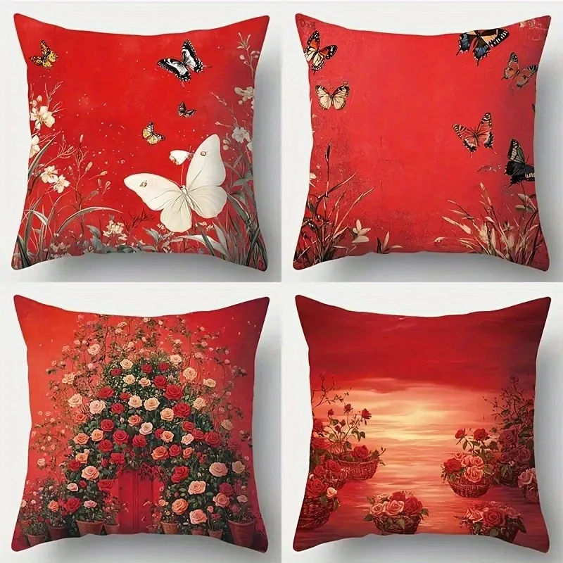 

Яркая красная наволочка с цветочным принтом и бабочкой: декоративная наволочка с романтическим рисунком природы для уютной гостиной/домашнего декора