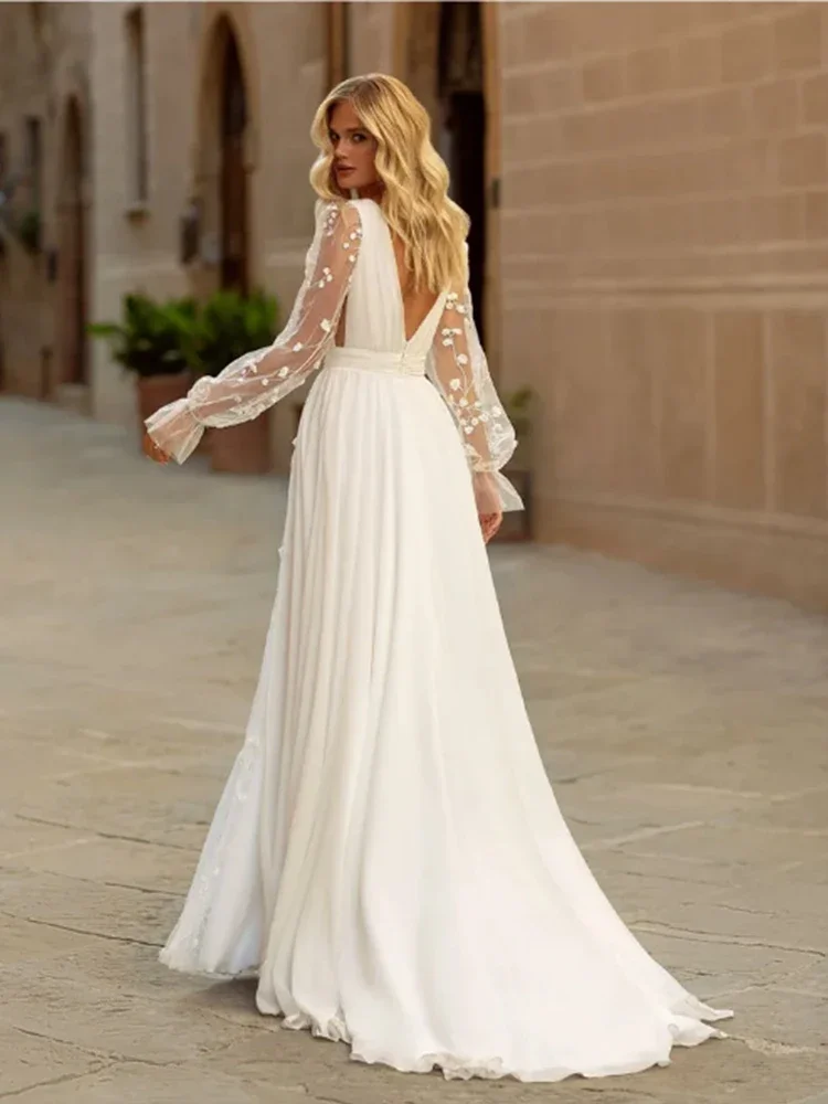 Flavinke Customzied Sexy Wedding Dresses Deep V Neck Long Sleeves Bridal Gowns Backless Appliques A-Line Sweep Train Chiffon