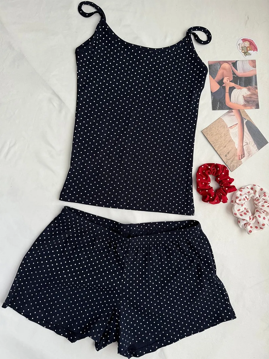 Navy Dot Ribbed Shorts Sets Women Summer Casual Sleeveless Crop Tank Top+Shorts Sweet Cute Home Cozy Slim Two-piece Set