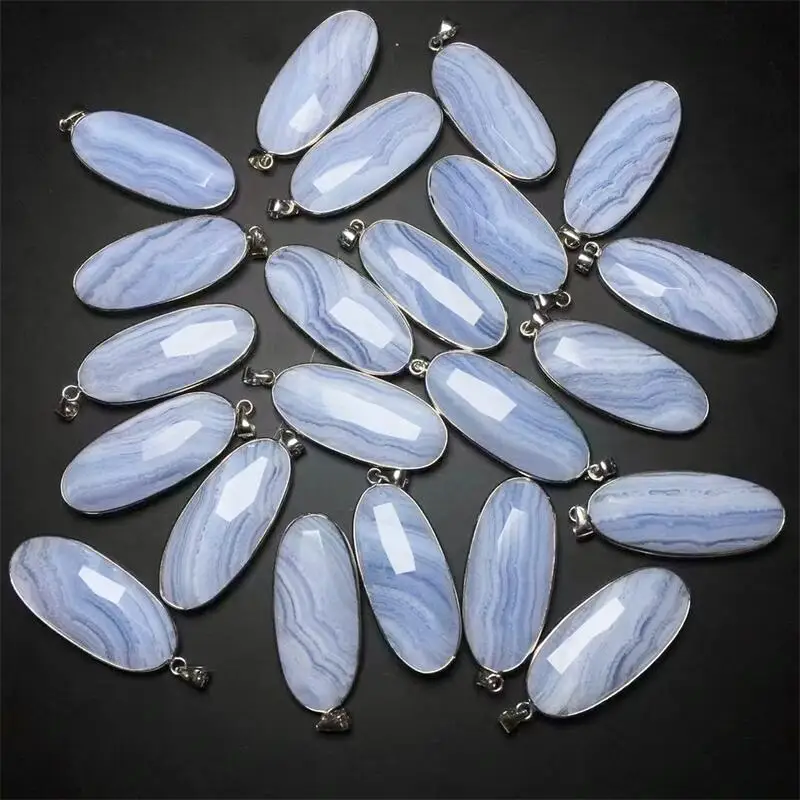 S925 Natural Blue Lace Agate Pendant Crystal Healing DIY Necklace Fashion Classic Women Jewelry Accessories Gift 1pcs