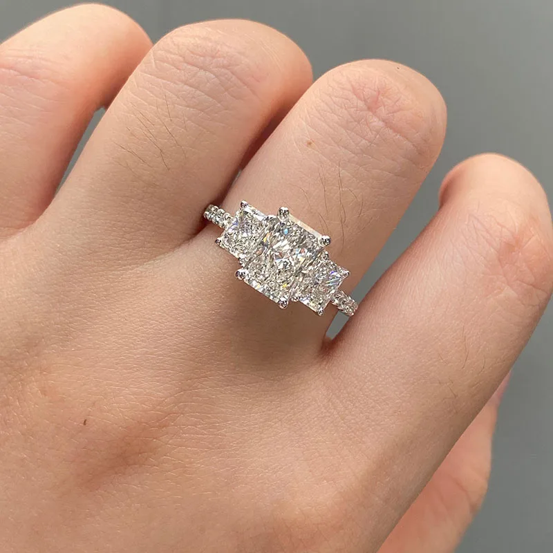 Main Stone 2 Carat EF VS & Side Stone 0.5ct Each Radiant Cut Three Stone CVD HPHT Lab Grown Diamond 14K White Engagement Ring