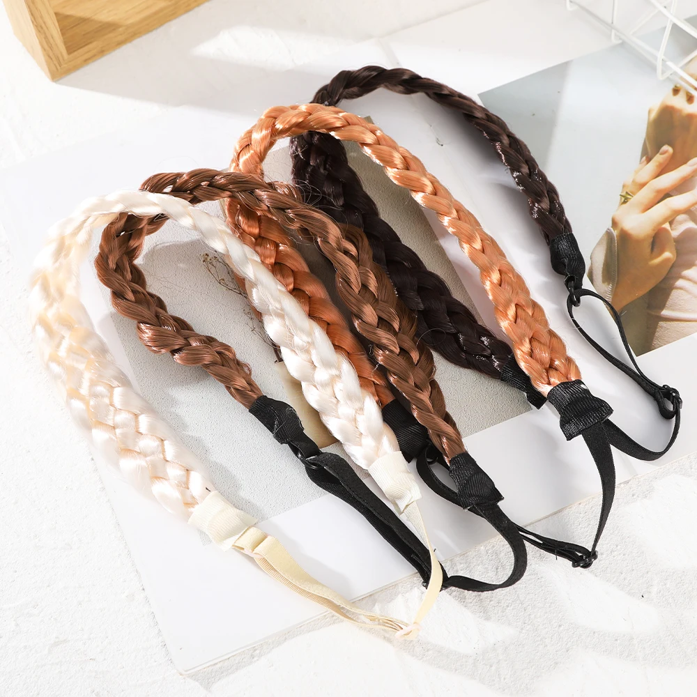 Elastyczna peruka warkocz pałąk 3/5 nici syntetyczne włosy pleciony pałąk peruka Hoop Chunky Hairpiece Hairband panie nakrycia głowy