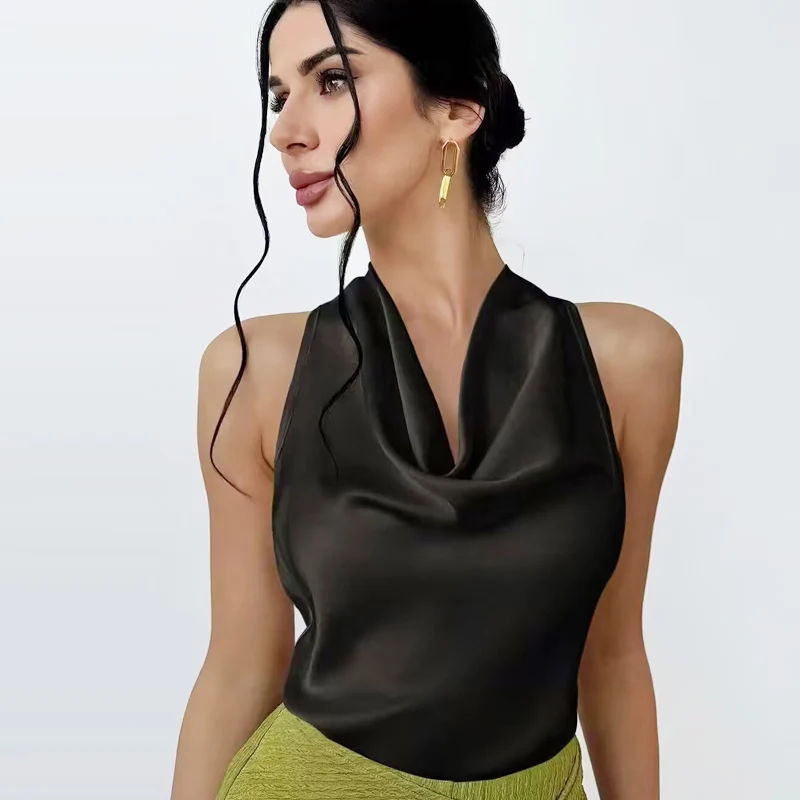 HXAO 2025 Women Satin Halter Top Summer Black Yellow Tanks & Camis Off Shoulder Crop Tank Top Fashion Sleeveless Backless Vests