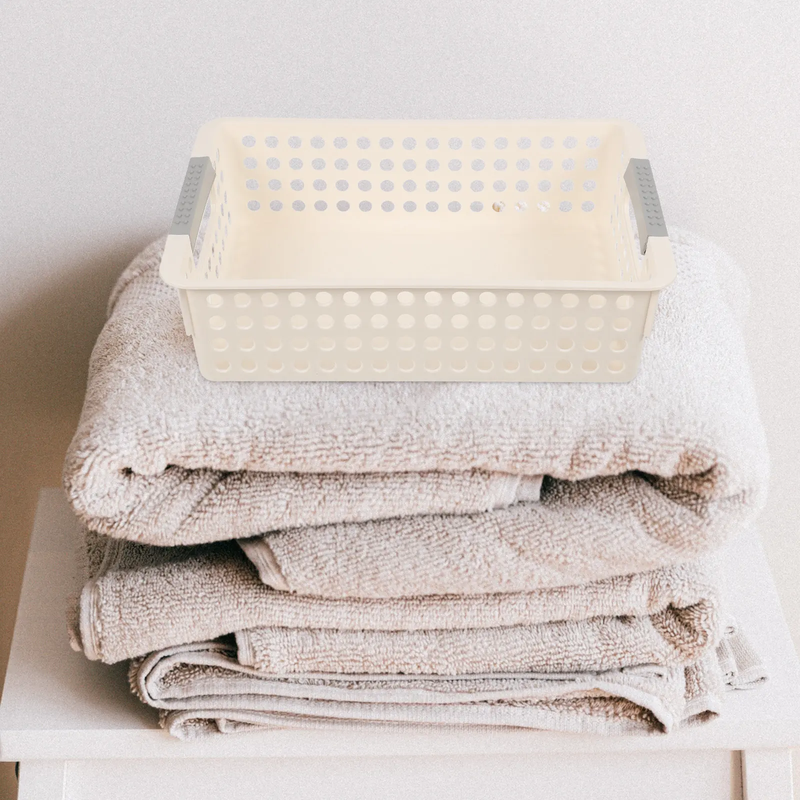 

Premium Sturdy Plastic Storage Basket for Desktop Countertop Bathroom Kitchen Bedroom Pantry Closet Laundry Organizer Small