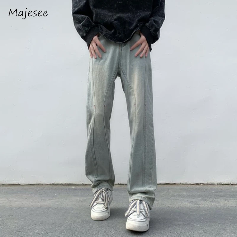 

Jeans Men Simple High Street Fashion American Style Retro Straight Rivet Spliced All-match Spring Autumn Youthful Oversize Daily