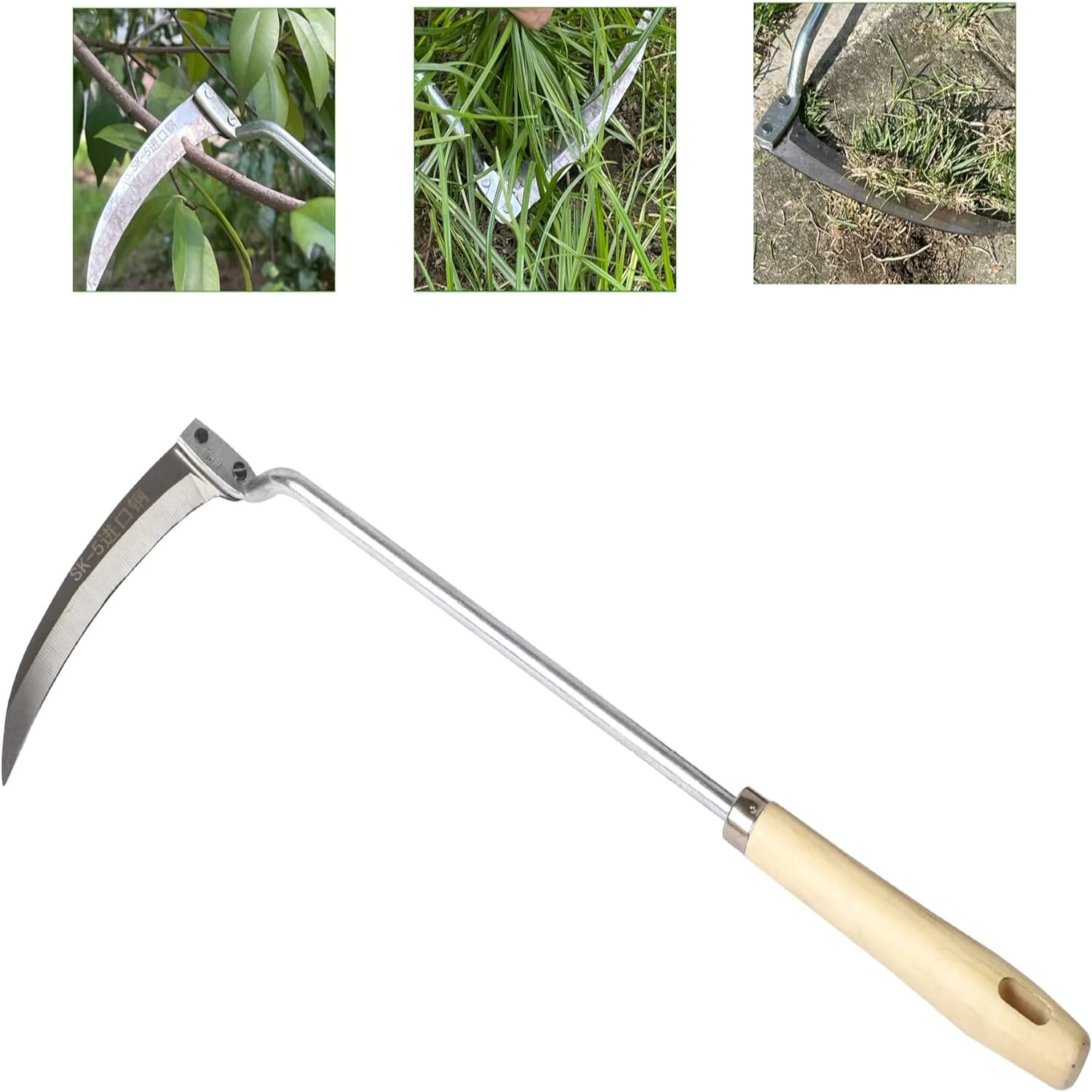 

Efficient, powerful steel sickle gardening hand tool for quick and easy weeding, cutting grass and vegetables. Sharp edge scythe