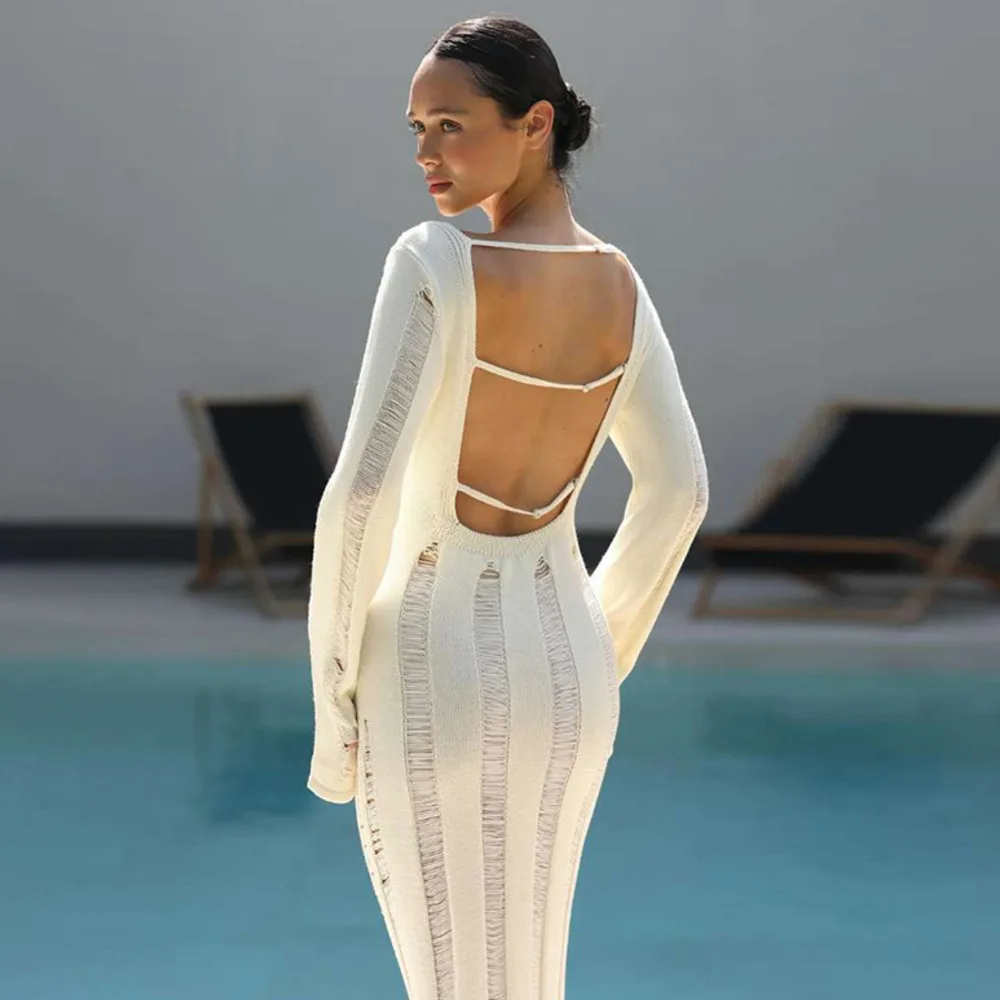 فستان ماكسي من Blifanbo مثير بفتحات مكشوفة الظهر للنساء بأكمام طويلة للخريف مرقع برقبة دائرية فستان حفلات للنوادي عالي الخصر