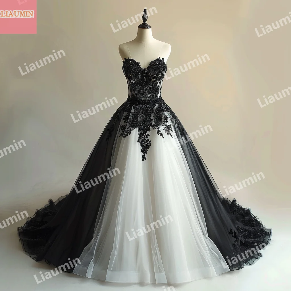 White Tulle Black Lace Applique Strapless Sweep Train Wedding Prom Dresses Sleeveless Bridal Ball Gowns Floor Length W15-49.20