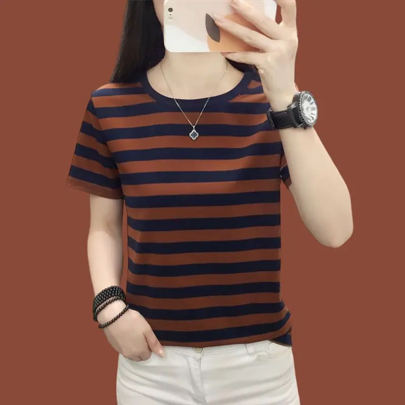 

2024 Women's Summer Pullover Round Neck Patchwork Stripe Asymmetric Fashion Elegant Loose Versatile Casual Short Sleeved Tops