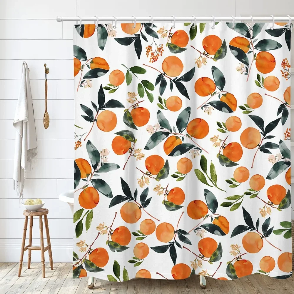 Water Color Peach Shower Curtain Round Citrus Pattern Design Colorful Cute Fruit Grange Fresh Leaves Polyester Fabric With Hooks