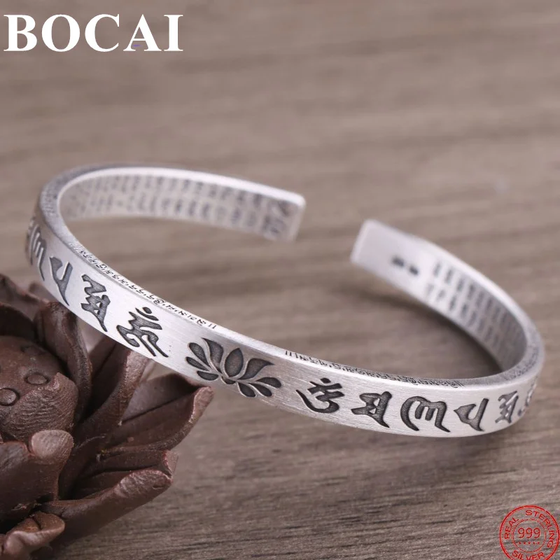 

BOCAI S999 Sterling Silver Bracelets for Men Women New Fashion Six Syllable Mantra Heart Sutra Solid Bangle Free Shipping