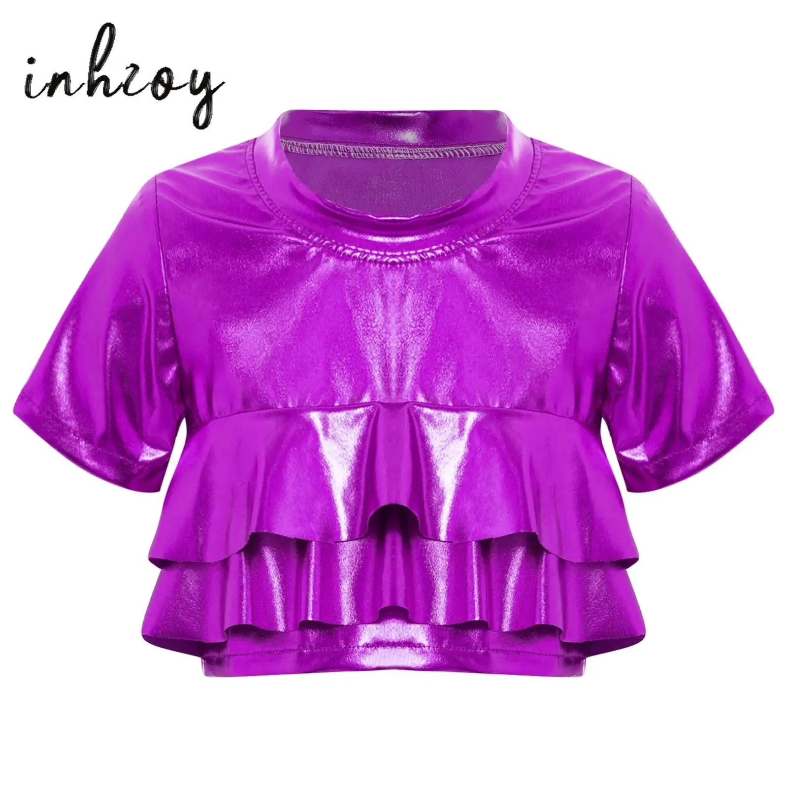 

Kids Girls Dance Crop Top Tees Round Neck Short Sleeves Metallic Ruffled T-shirt for Cheerleading Hip-Hop Jazz Dance Performance