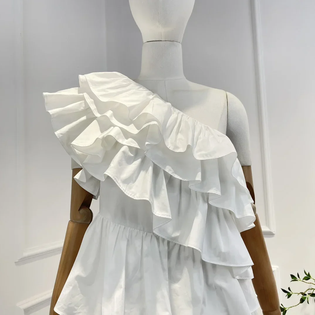 Imagem -03 - Mini Vestido sem Mangas de um Ombro Feminino Puro Algodão Branco em Cascata Alta Qualidade Verão Novidades 2023