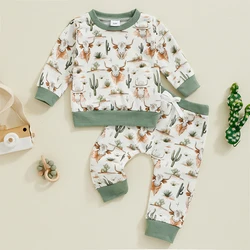 2024-06-26 Lioraitiin Toddler Baby Boy Western Outfit Cow Head Cactus Print Long Sleeve Sweatshirt and Elastic Pants 2Pcs Set