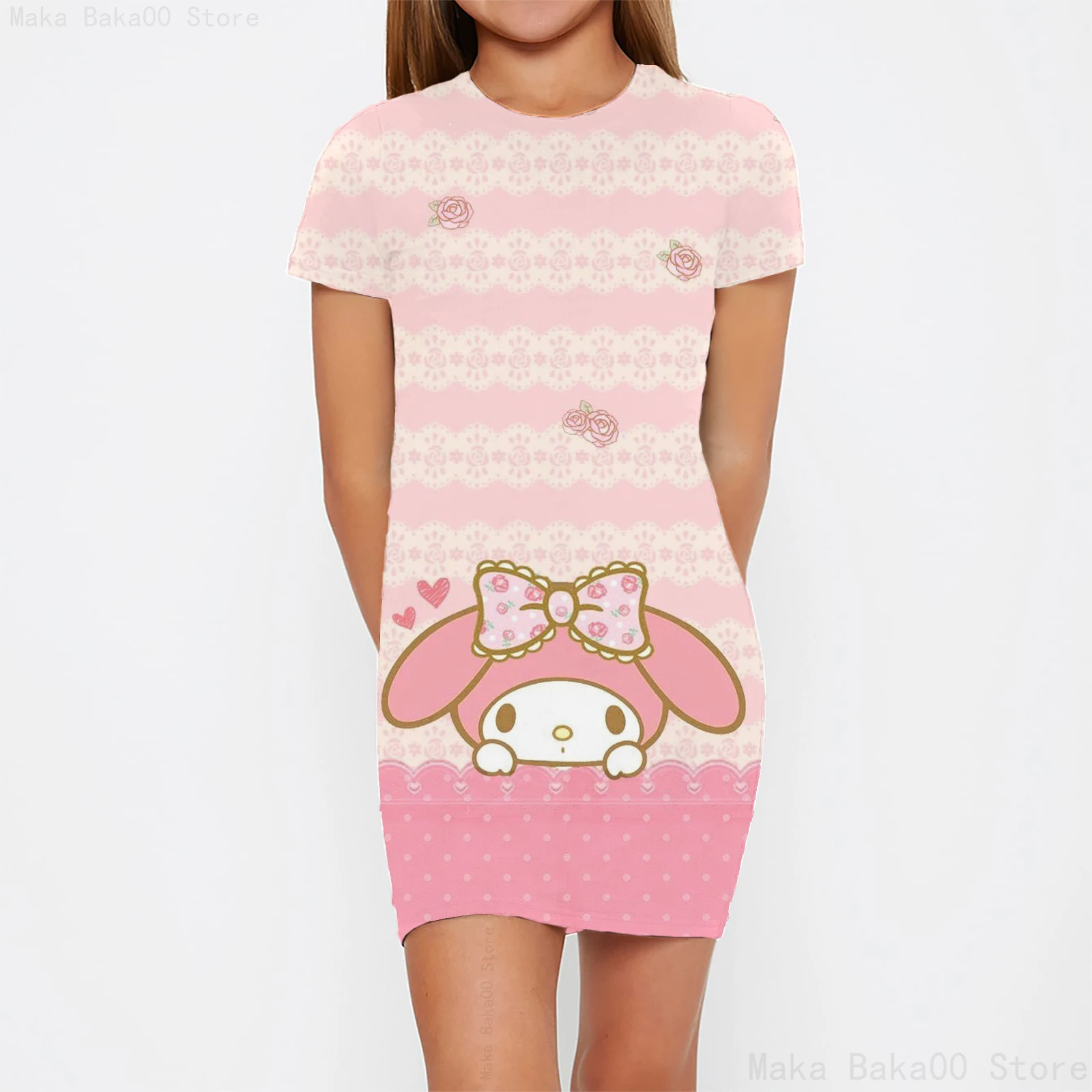 casual cute girls home dress flower stickers nightdress cartoon Sanrio mymelody Melody printed short-sleeved dress