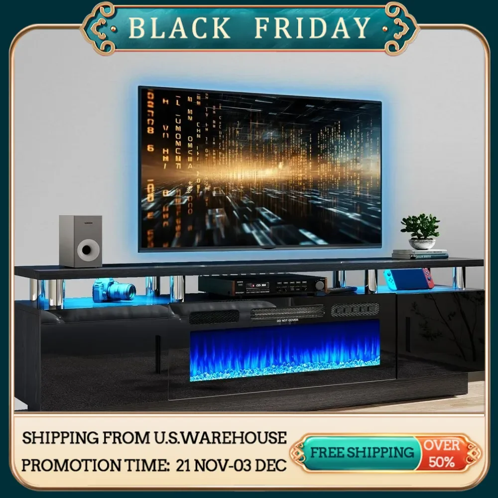 80 inch modern electric fireplace TV bench with electronic flame and LED lights, luxury high gloss entertainment center