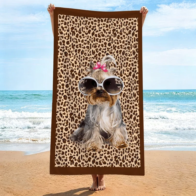 Newest Beach Towel Classic Brown Leopard Print Yorkshire Terrier Dog Sunglass Print Pet Lover Beach Towel Pool Bath Towel