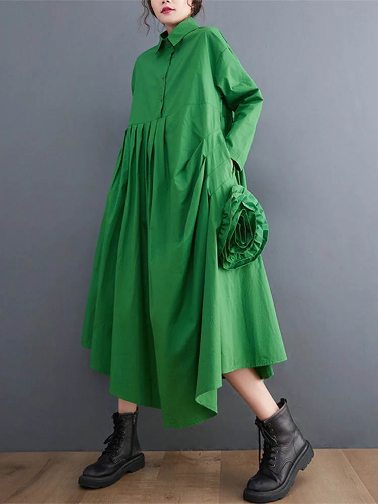 2024 Spring Autumn Green Pleated Floral Shirt Dresses For Women Long Sleeve Loose Casual Vintage Dress Fashion Elegant Clothing