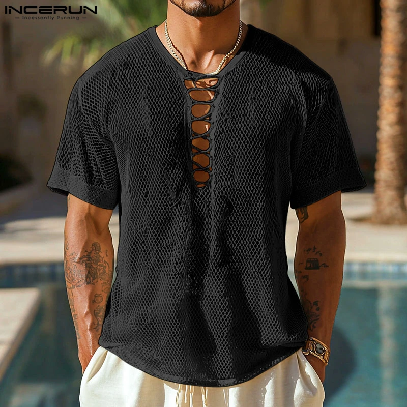 INCERUN الرجال تي شيرت بلون شبكة الجوف خارج انظر من خلال الخامس الرقبة طويلة الأكمام الذكور المحملة القمم الشارع الشهير مثير 2025 الرجال الملابس