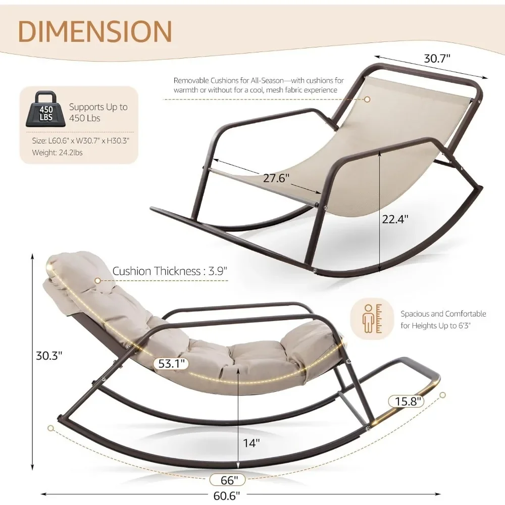 

Outdoor Indoor Double Padded Papasan Rocking Chair, 1 Pcs Patio Wide Oversized Reclining Glider Chair with Footrest, 450lbs.