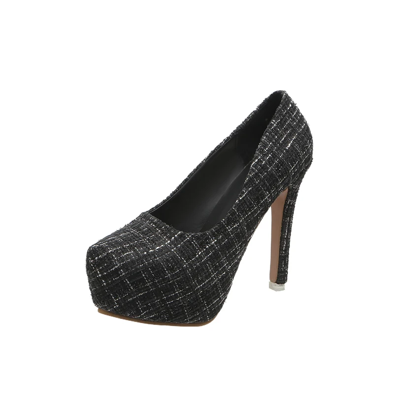 Waterproof platform high heels plaid style with skirt spring and autumn single shoes shallow mouth sexy black high heels