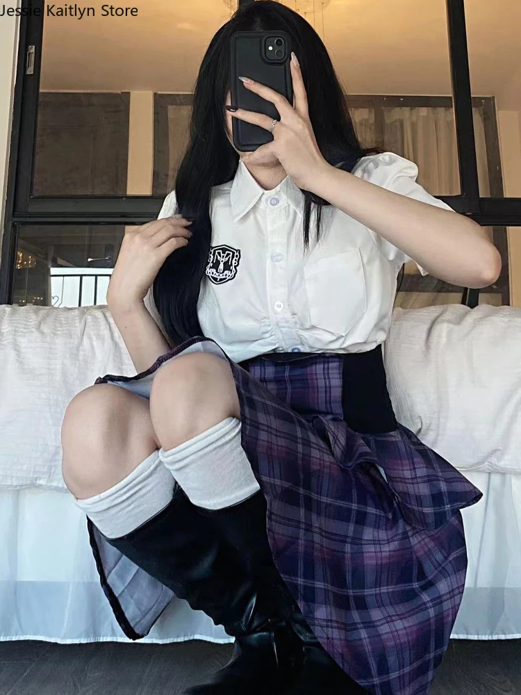 Japońska szkoła dziewczęce mundurki damskie koreański styl Kawaii słodka JK jednolity Cosplay letnia koszula szykowny biały i zestawy spódnica w kratę Y2k