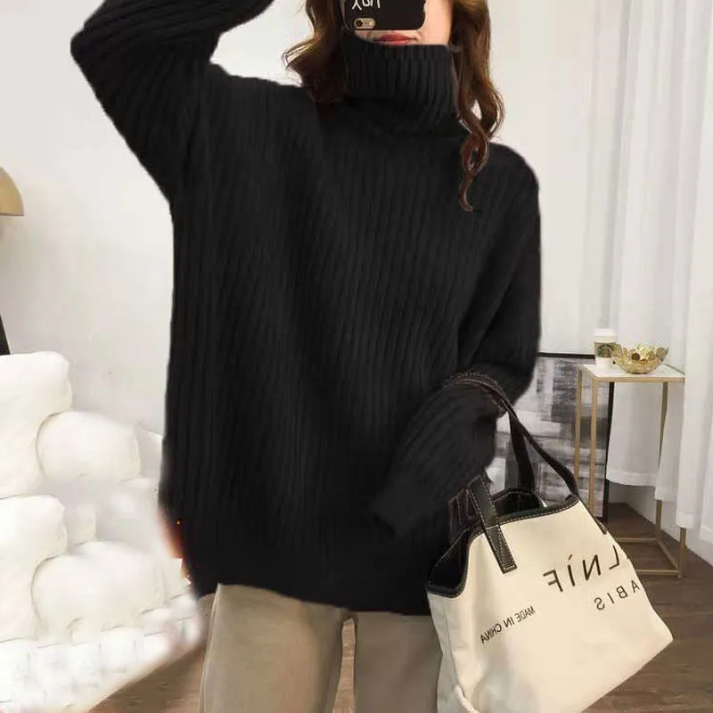 2023 Autumn and Winter Women\'s New High Neck Loose Knitted Sweater Thickened Solid Color Comfortable Versatile Pullover Top