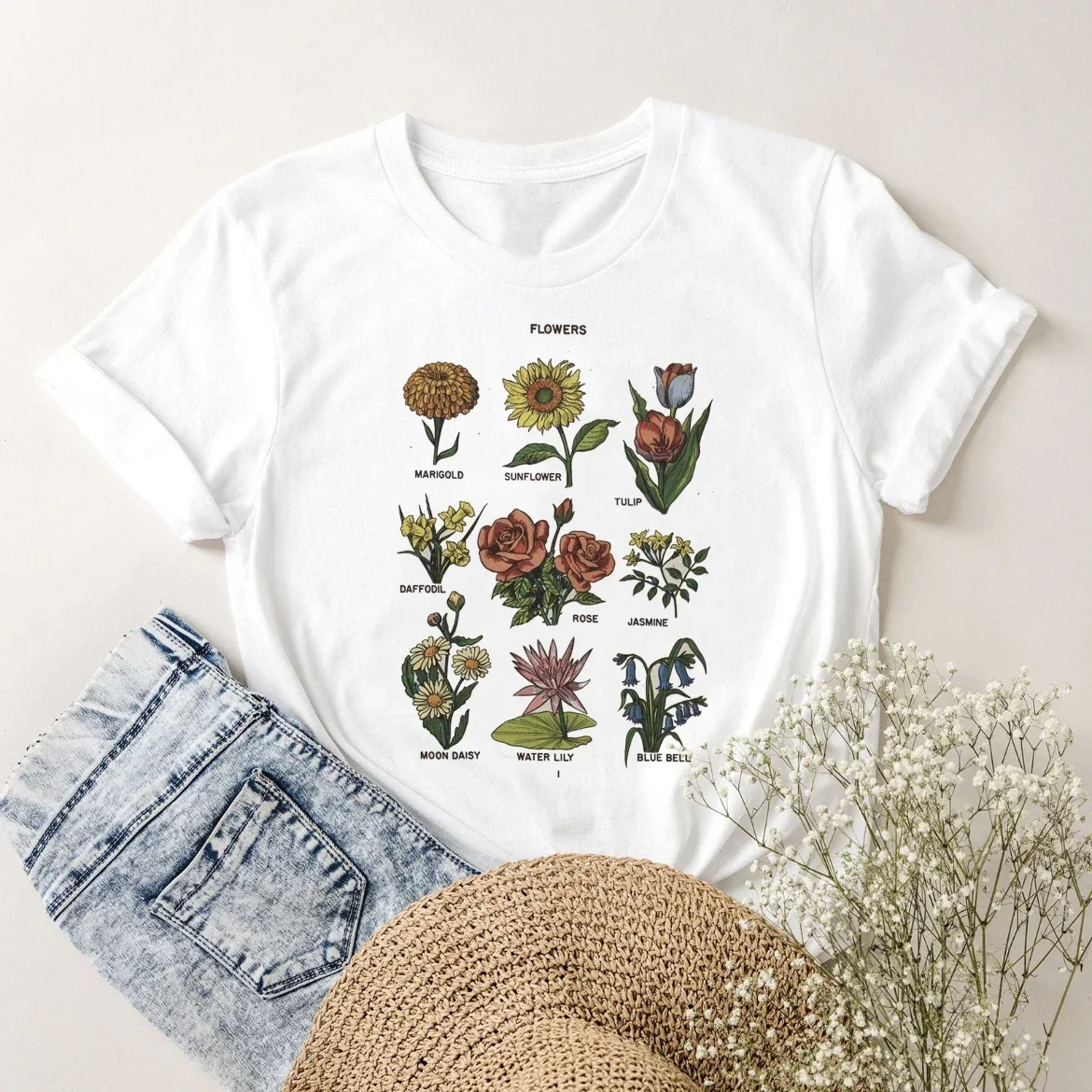 T-shirt de manga curta para mulheres, roupas soltas e casuais, com flores e plantas, moda verão, anos 90