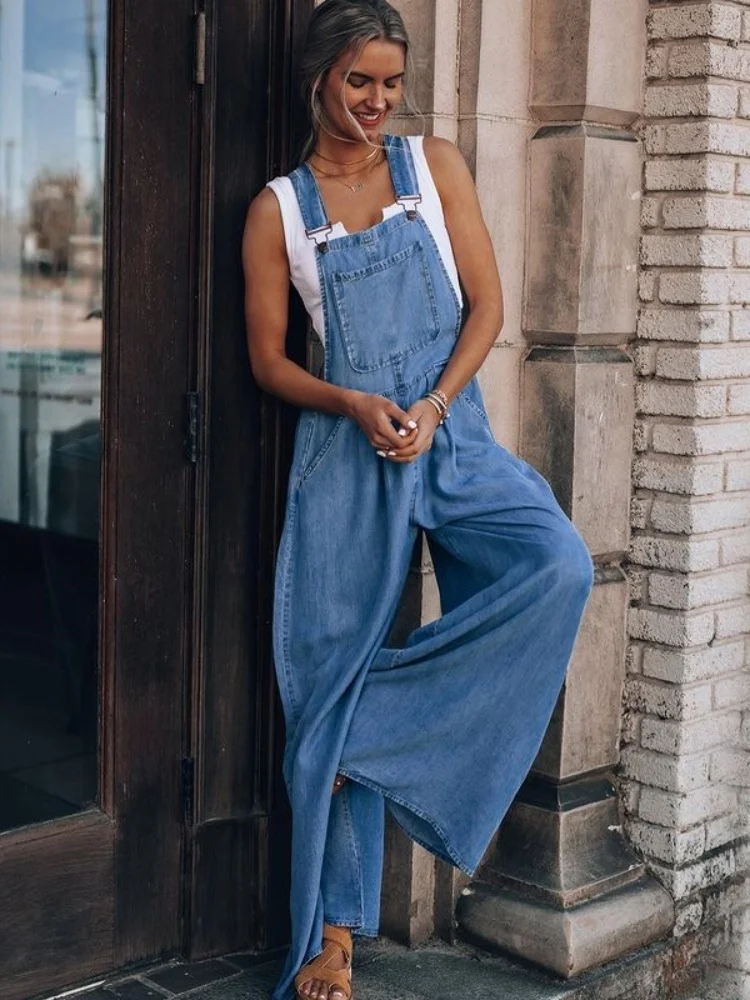 Baju terusan panjang wanita, Jumpsuit Denim Retro Vintage kasual tali Spaghetti lurus Suspender celana longgar Bib musim panas