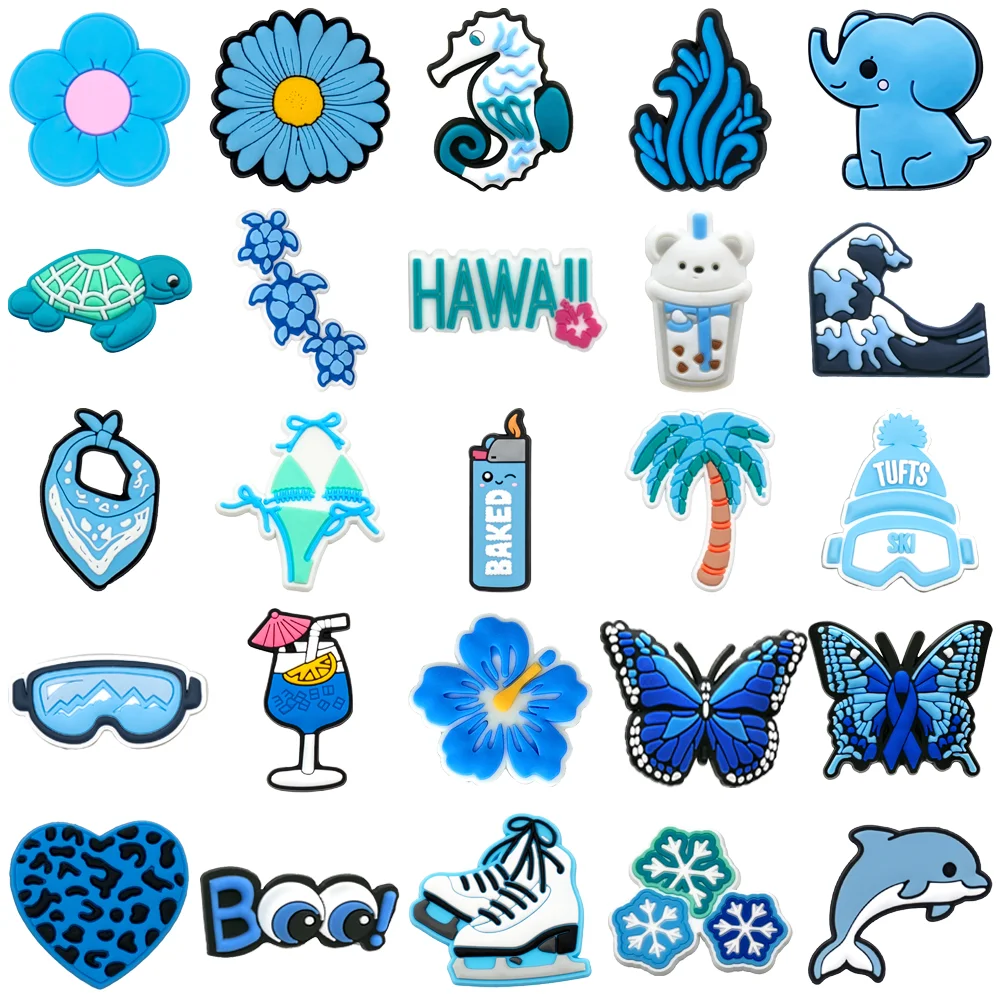 1/25PCS Encantadores adornos para zapatos en tonos azules, accesorios de tortuga marina, dijes de algas marinas y caballitos de mar para zapatos, copos de nieve y gafas de sol para zuecos