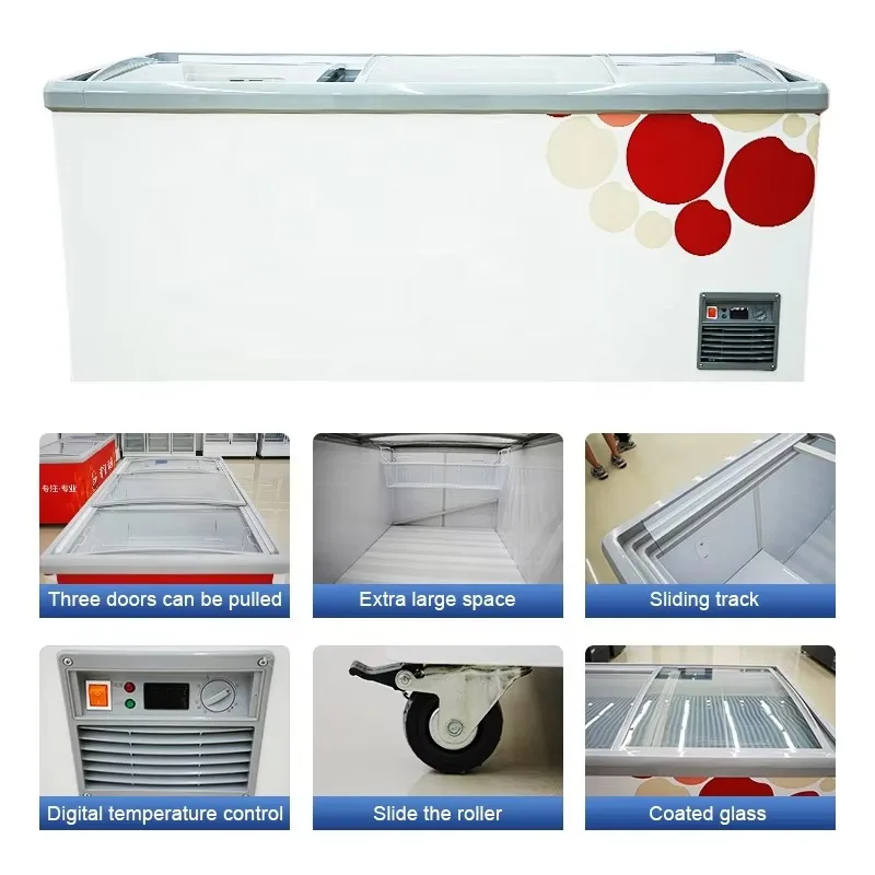 Supermarket Commercial Sliding Glass Flat Door Chest Island Freezer for Horizontal Frozen Food