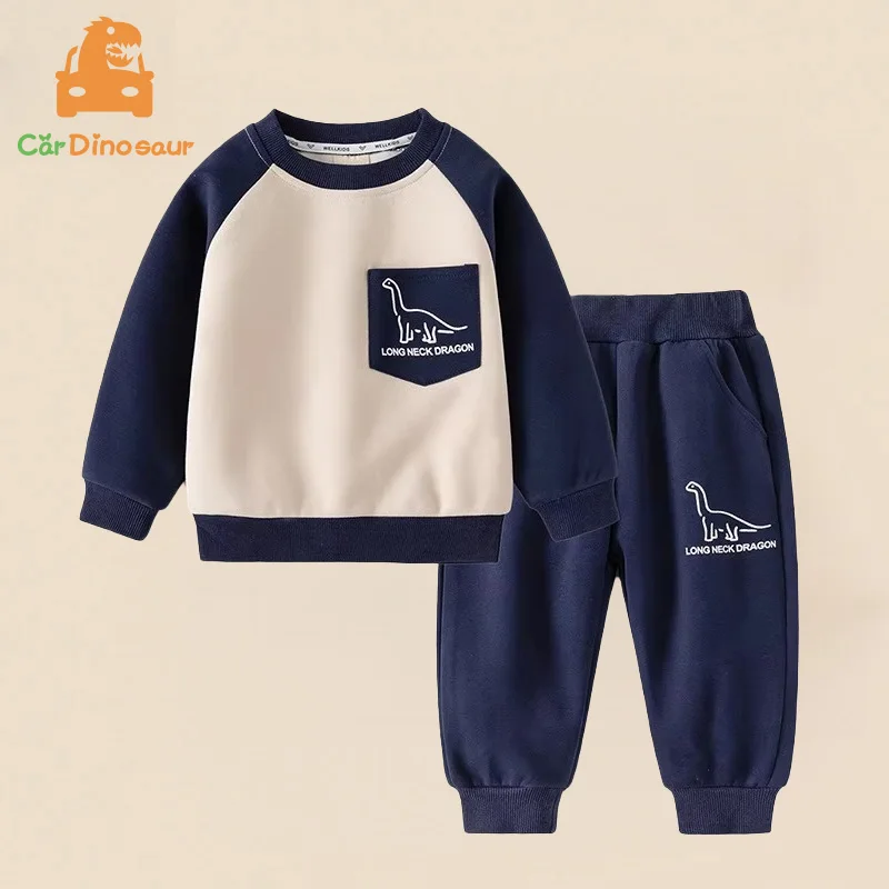 

2025 Весна Осень Новый 2 3 4 5 6 8 лет Детский хлопковый свитшот с мультяшным принтом + полные штаны 2 шт. Цветной лоскутный детский комплект для мальчиков