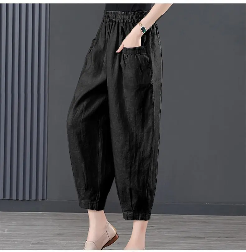 Ice Silk Cotton Linen Pants For Women Spring Summer Elastic High Waist Harlan Pant 2024 New Casual Loose Thin Ankle-Length Pants