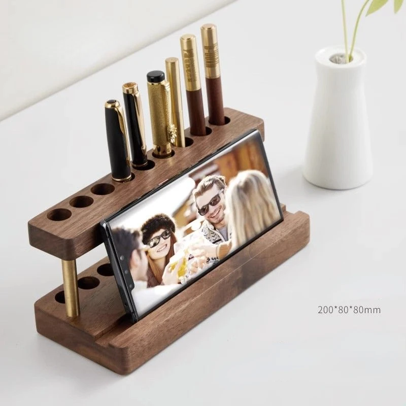 Creative Walnut Pens Holder Multifunction Soild Wood Desktop Storage Organizer Phone Stand Office School Accessories