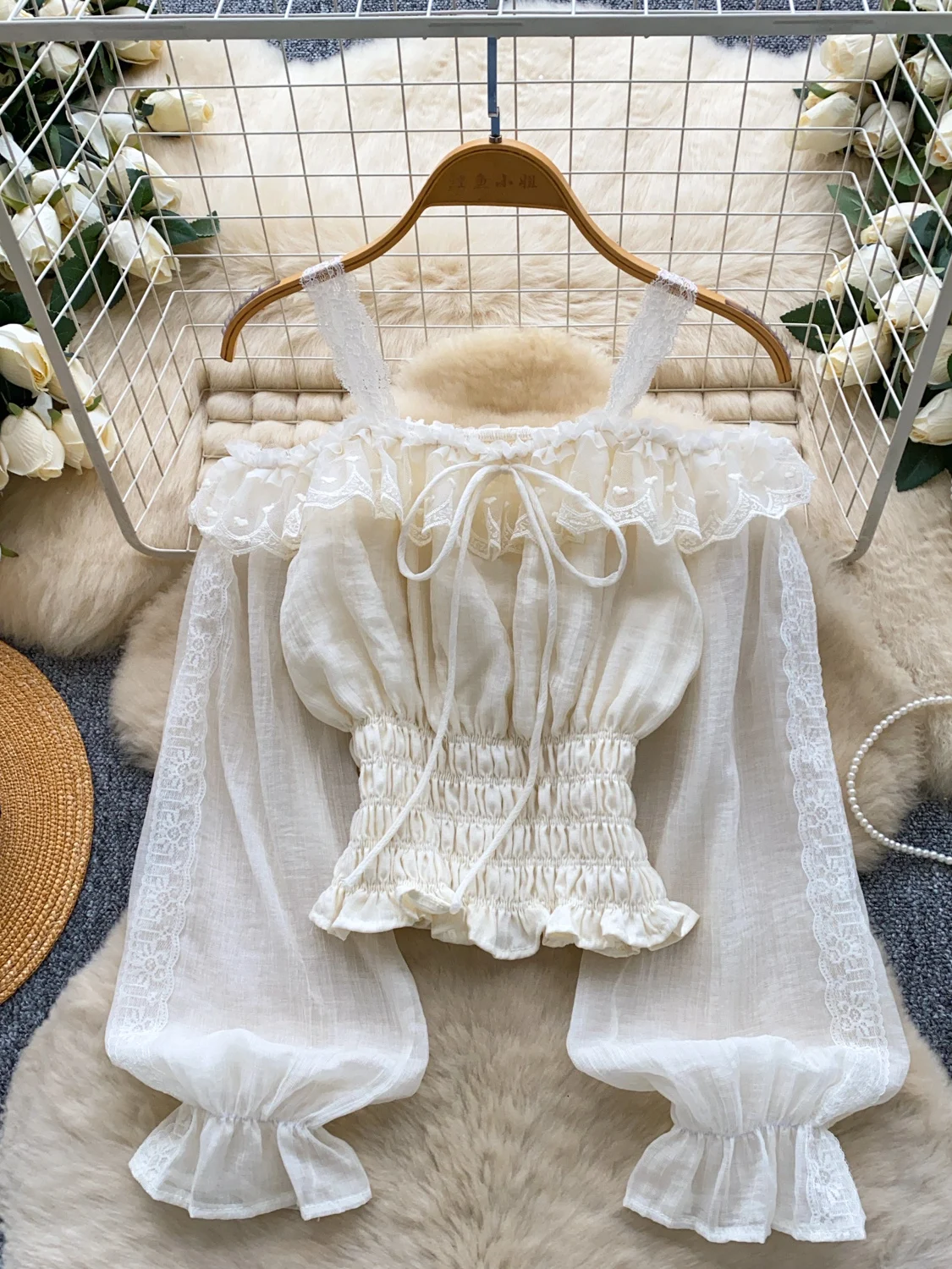 2026 New Autumn Women Sweet Slash Neck Flare Sleeve Off Shoulder Strap Shirt Lace Lace Splicing Waist up Solid Shirt Tops