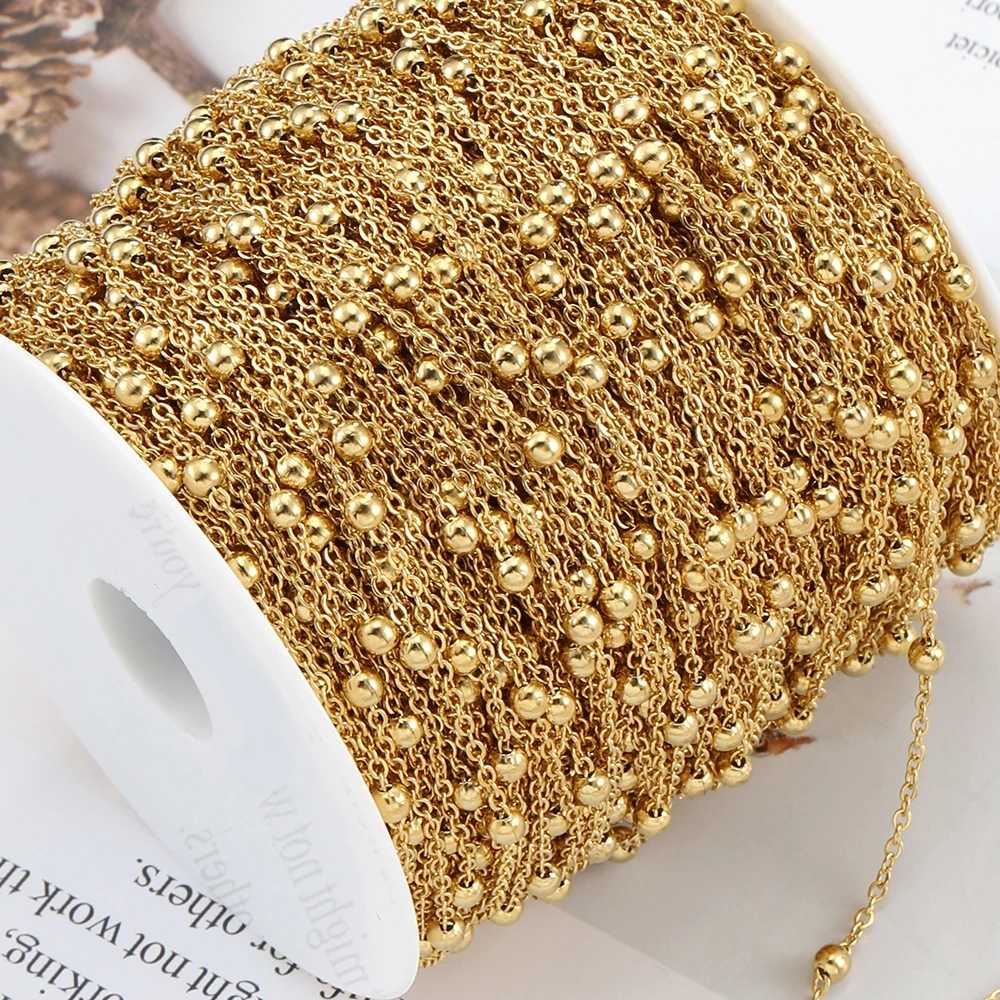 1meter/2meter Stainless Steel Golden Beads Chains for Jewelry Making DIY Women Men Necklace Bracelet Bulk Chain Accessories