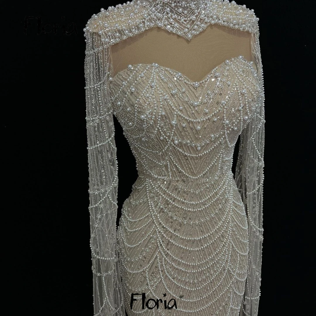 Floria Ivory Pearls Cape Sleeve Evening Dress Luxury Mermaid Bridal Gowns Formal Prom Party Dresses  Special Occasion Dresses