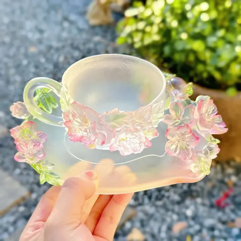 Vintage Glazed Ceramic Tea Cup Holder with Peach Blossom Pomegranate Chrysanthemum Pattern Twelve Flower Gods Design Home