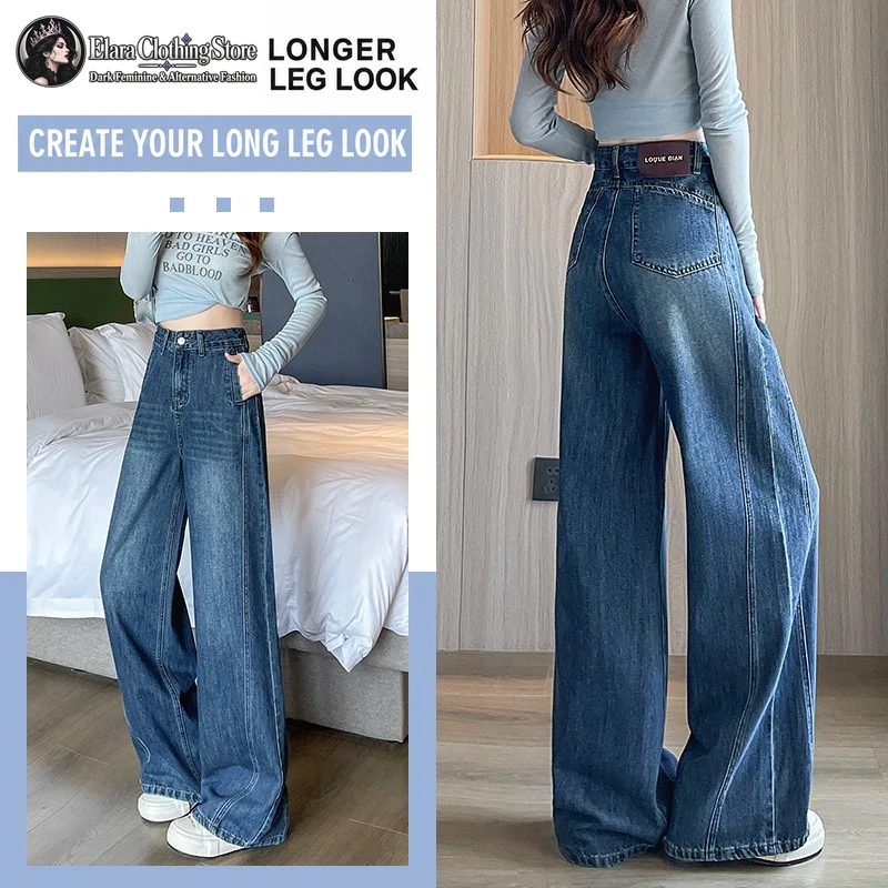 Y2K Vintage Blue Wide Leg Jeans for Women Autumn Style High Waist Loose Fit Petite Girls Floor Length Straight Pants Casual