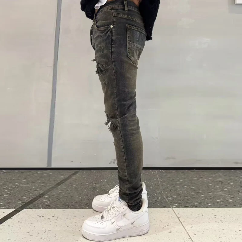 Y2K designer's new men's jeans elastic patch leather jeans high street fashion hip-hop brand washed black gray pants hombre