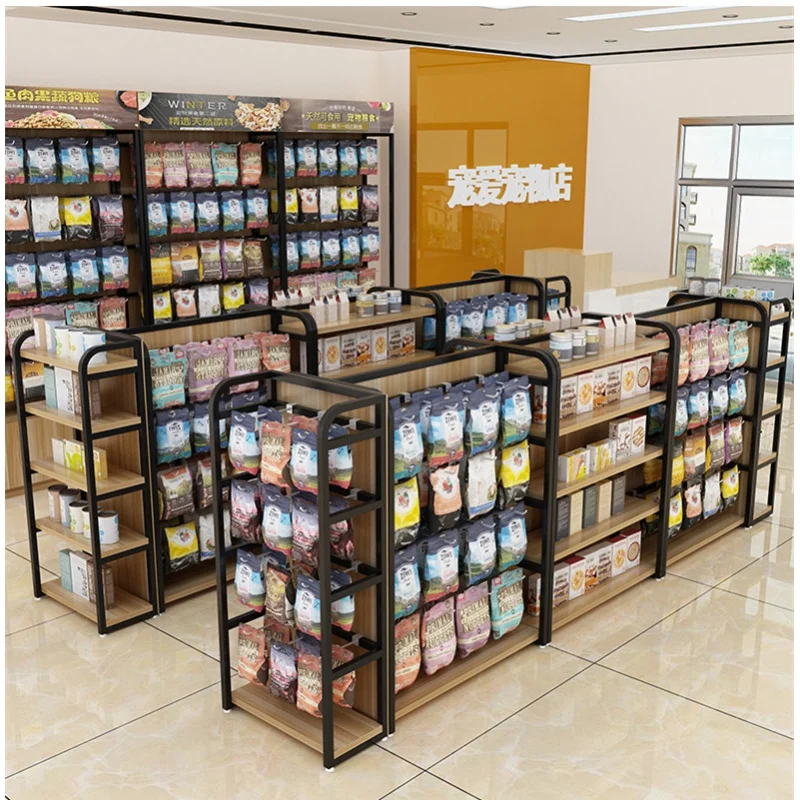 スーパーマーケット用の木製ディスプレイ棚,頑丈な多機能棚,サポート付き,小売店