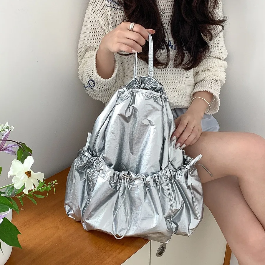 Mochila de Nylon Ruched Korean Bowknot Drawstring para Mulheres, Mochilas escolares para meninas, Design de nicho, Summer Beach Travel