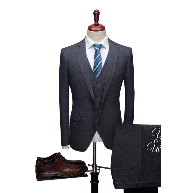

Business Suit Vest Long Pants Plaid Casual Business Set 3-piece Groom's Wedding Dress Jacket Set