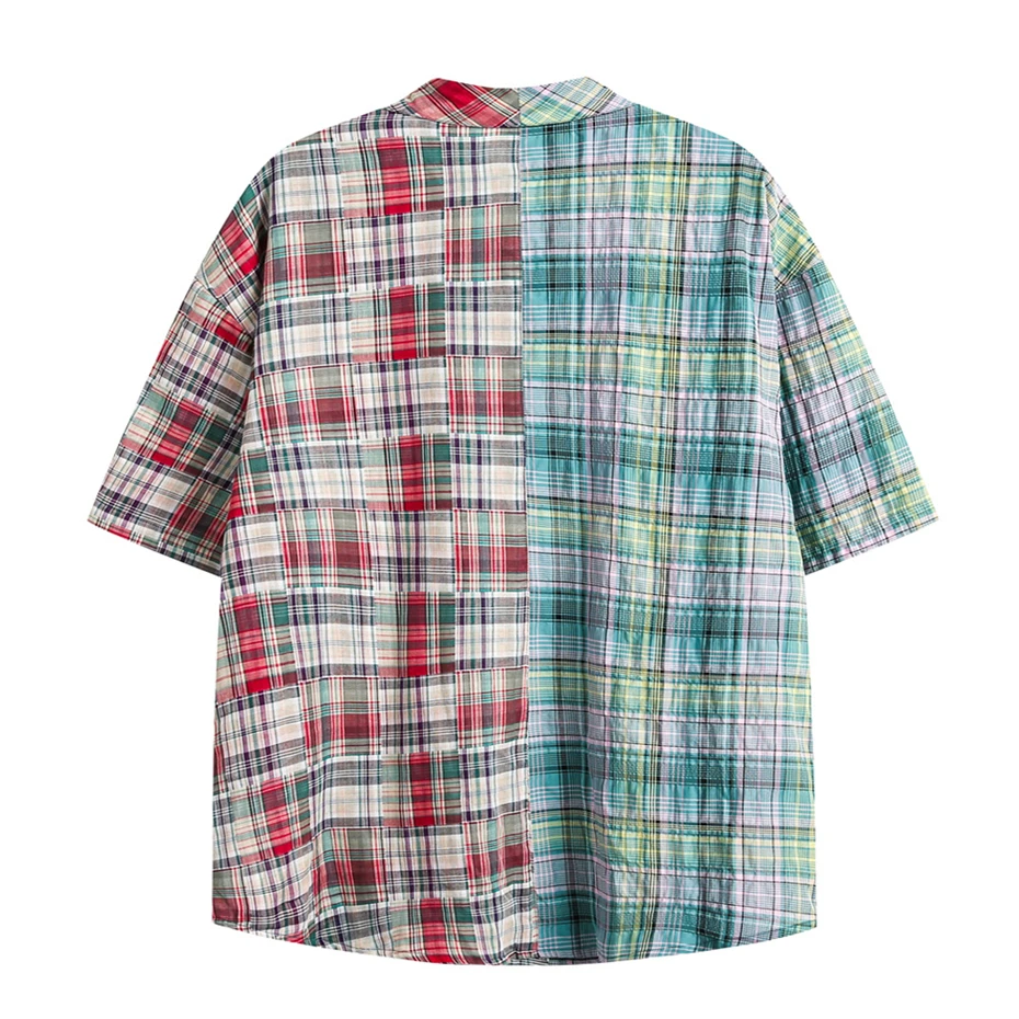 Mens Plaid Casual Shirts Streetwear Hip Hop Color Block Blouse Oversized Harajuku Vintage Japan Style Short Sleeve Shirt Unisex