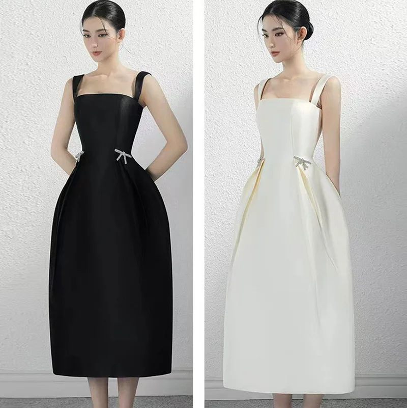 

Niche Design Summer Fashion Solid Color Square Neck Sling Dress for Women Elegant with Waist Closing Bows Long Skirt C184