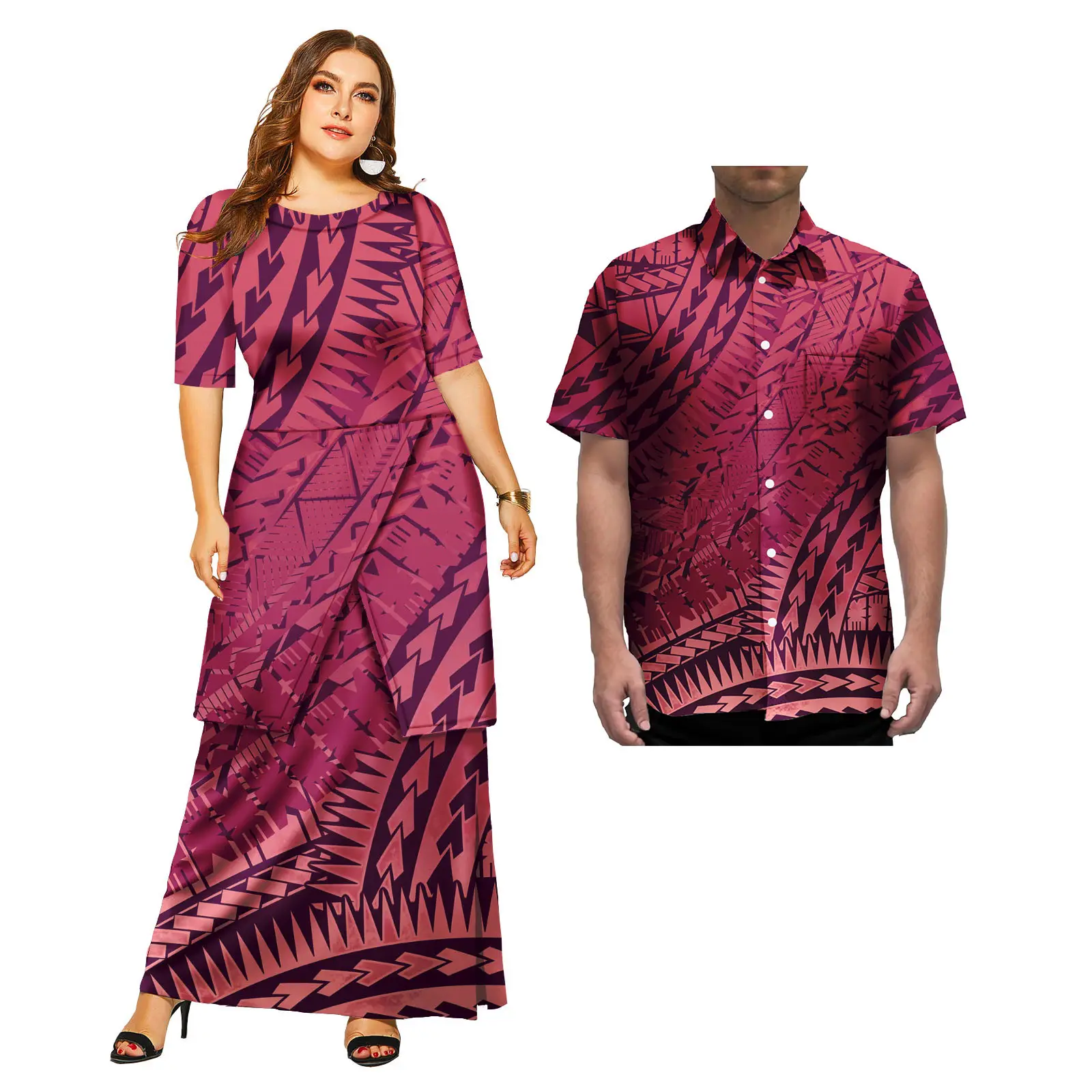 Hawaiian Floral Print Elegant Women Puletasi Dress and Aloha Shirts Casual Samoa Polynesian Couple 2 Pcs Set