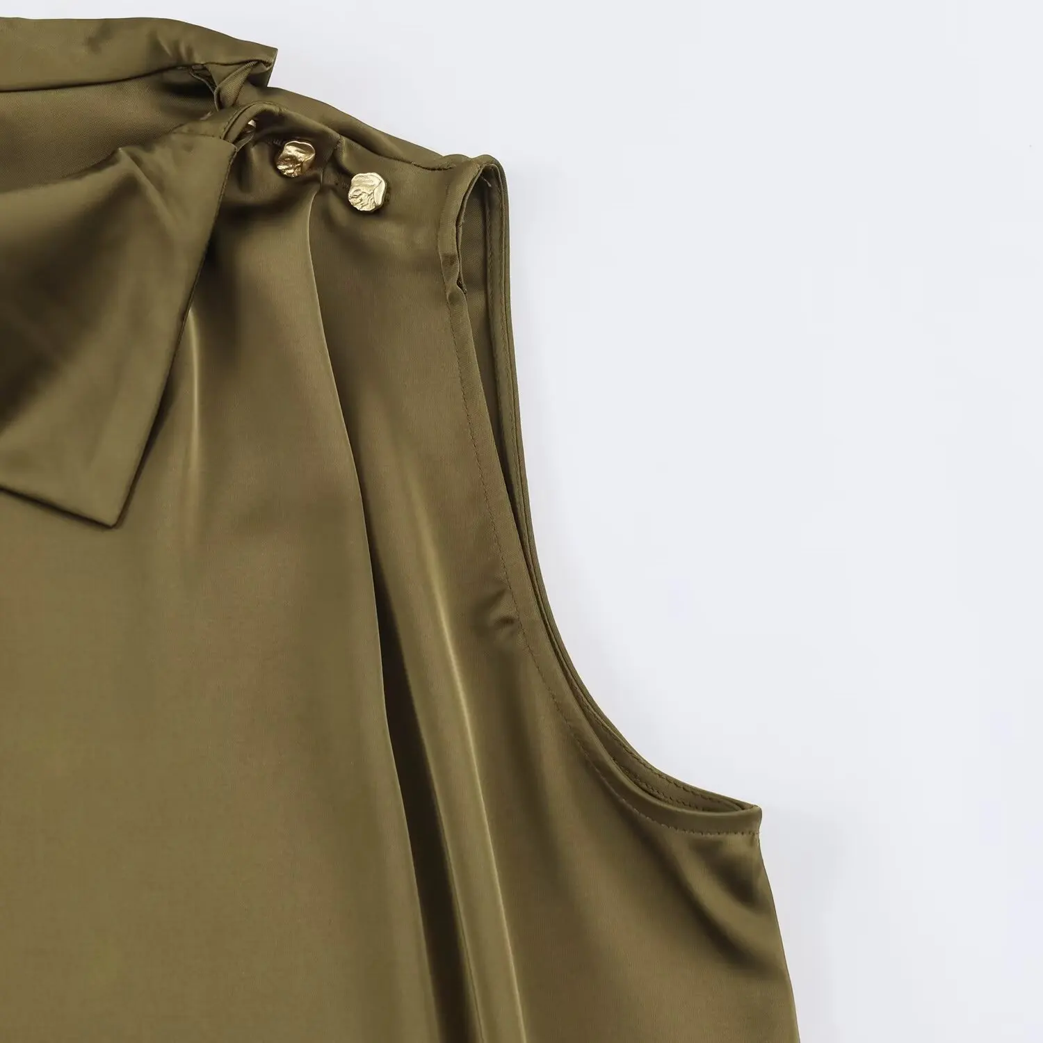 BSAY 2026 Neues Minimalistisches Satin-Zweiteiler-Set mit Drapierter Kragenpartie, Ärmellosem Oberteil mit Schulterknöpfen und Tailliertem Midi-Rock für Damen – Detail 11