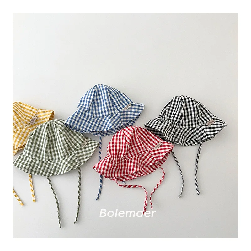 

Wide Brim Summer Sun Hat For Baby Plaid Print Fisherman's Hat Children Cotton Bucket Cap For Boys Baby Girls Sunhat Kids Bonnet